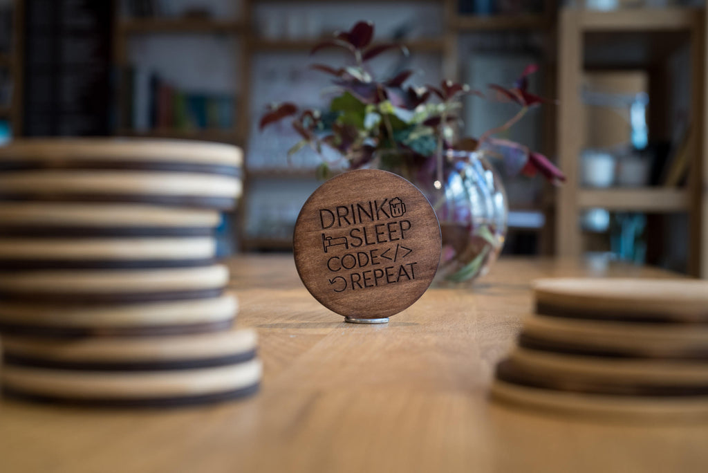 Drink, sleep, code, repeat | Wooden coaster