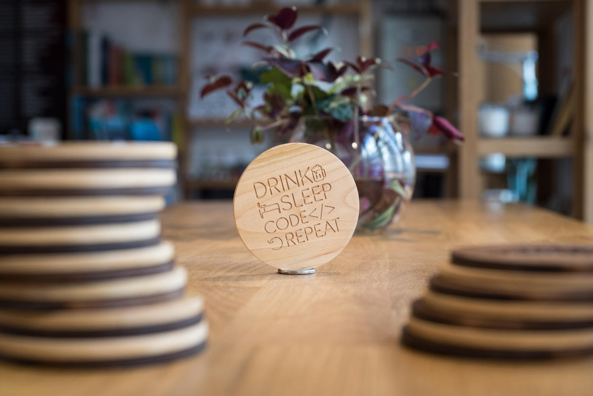 Drink, sleep, code, repeat | Wooden coaster