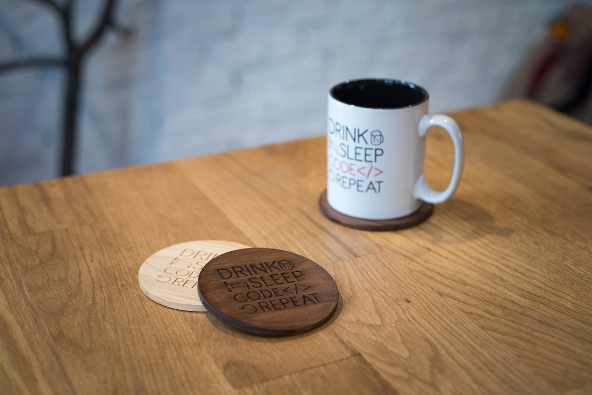 Drink, sleep, code, repeat | Wooden coaster